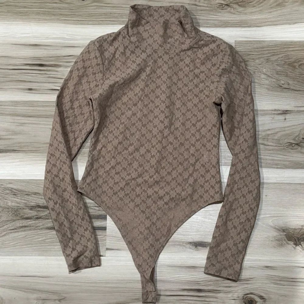 Open Edit Tan Lace Floral One Piece Mock Neck Bodysuit Women's Small